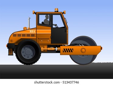 Vector illustration of road roller. Orange road roller with the driver. Road works.
