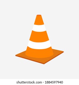 vector illustration of a road safety cone with orange and white stripes, three-dimensional model.  plain gray background.