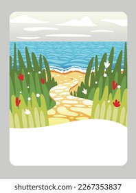 Vector illustration of a road to the sea. It can be used as a playing card, for children's development and learning.