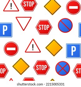 Vector illustration of road signs isolated on white background. Traffic signs seamless pattern.