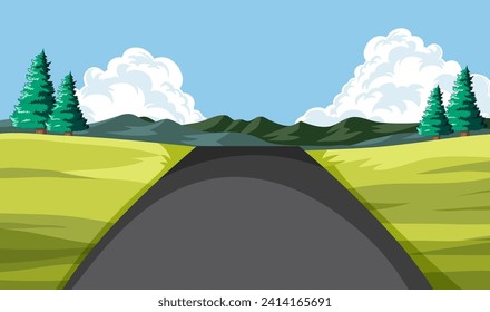 Ilustración vectorial de un camino a través de campos verdes