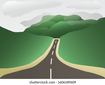 Vector illustration of the road towards hill covered with greenery and rainy clouds during monsoon
