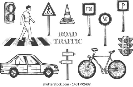 Vector illustration of road traffic icons. Sign Stop, 50, parking, direction arrows. Street light, taxi car, bicycle, cone, pedestrian. Man crossing road. Vintage hand drawn style