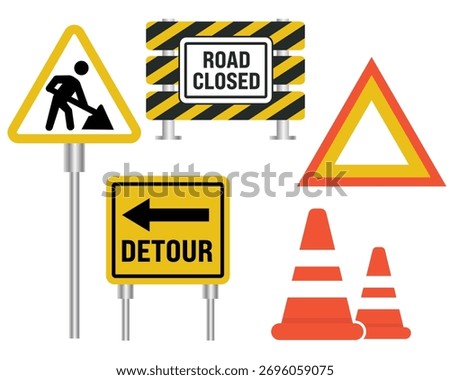 Vector illustration of road and traffic signs set, includes a detour sign, road closed barrier, traffic cones, and construction warnings for transportation and safety-themed designs.