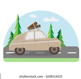 vector illustration road trip.  a car loaded with suitcases rides on the road. Car travel on vacation. what to get to your destination