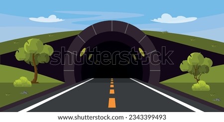 Vector illustration of a road tunnel in cartoon style. Road for cars, trees, grass and bushes around against a clear sky. Underground crossing with yellow illumination.