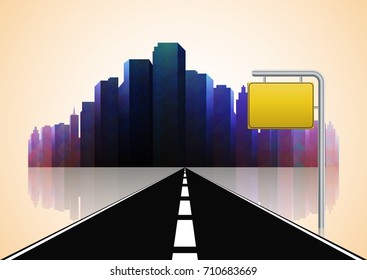 Vector illustration of Road way to city buildings background