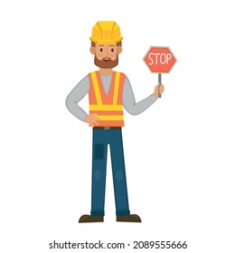 Vector illustration with a road worker man.  funny illustration. flat style. builder