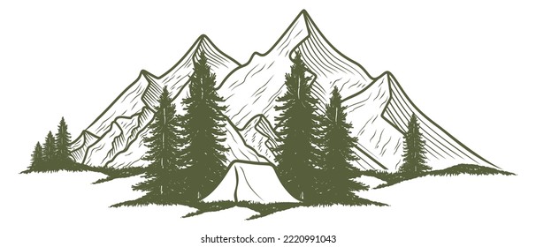 vector illustration of roads and mountains. mountain concept, hand drawn pine forest, for Travel, outdoor hiking concept.