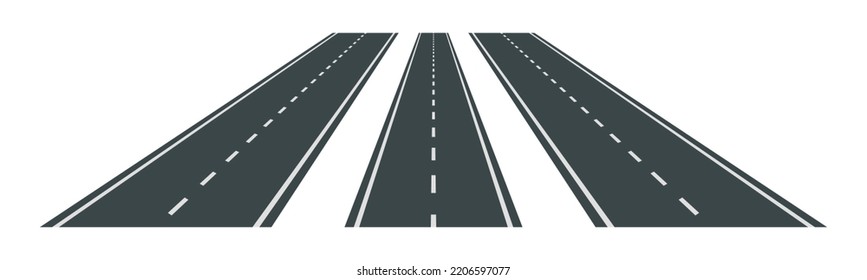 Vektorgrafik von Straßen mit weißen Markierungen einzeln auf weißem Hintergrund. Set von Asphaltstraßen in Perspektive. Sammlung leerer Straßen.
