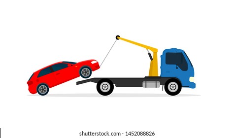 Vector illustration roadside assistance. Tow truck towing the car.