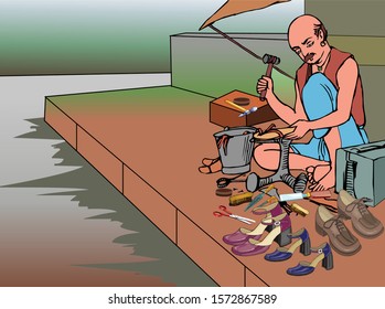 
Vector Illustration of Roadside Cobbler do repair shoes an India