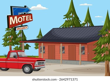 Ilustración vectorial de un motel junto a la carretera, camión rojo y pinos. Los colores brillantes y las líneas limpias crean una atmósfera nostálgica