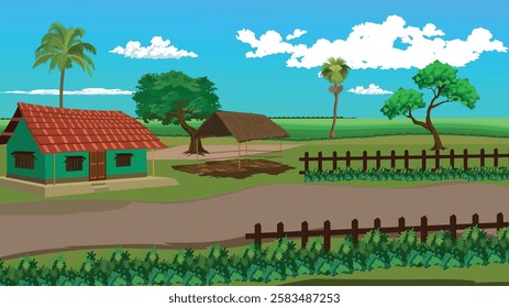 Vector illustration of a Roadside village with cowshed,Mud house,palm tree beside a green field and under a blue cloudy sky