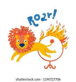 Vector Illustration of a roar lion jumping through a ring of fire in cartoon style. Circus, fair, birthday, festival, amusement Park. For printing on textiles, postcards, posters in the nursery