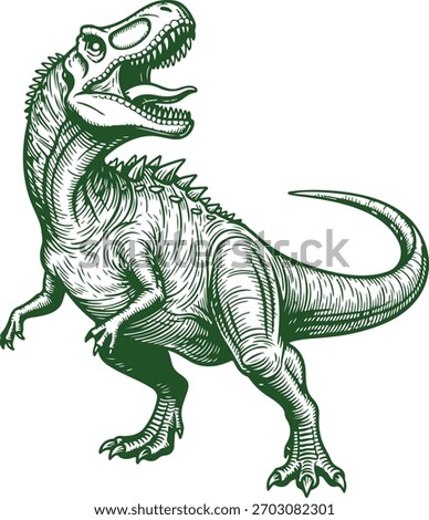 Vector illustration of a roaring Allosaurus drawn in a bold vintage engraving style. Features expressive linework, deep shading, and a dramatic action pose emphasizing its predatory build.