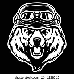 Vector Illustration Roaring Bear Wear Biker Helmet Black and White Isolated