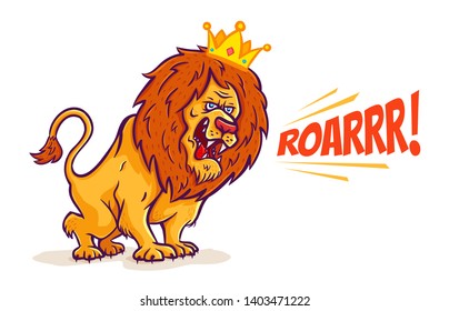 Vector illustration of a roaring lion with golden crown. Cartoon lion king 