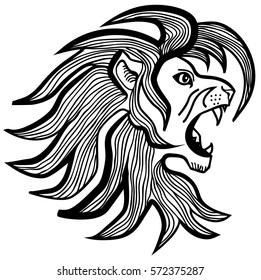 Vector illustration of roaring lion head black and white
