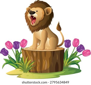 Vector illustration of a roaring lion sitting on a stump amidst pink and purple flowers.