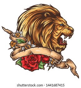 Vector illustration of roaring lion tattoo with flower and banner