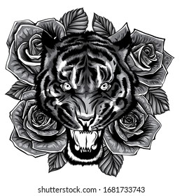 vector illustration of roaring tiger head and roses tattoo