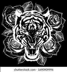 vector illustration of roaring tiger head and roses in black background