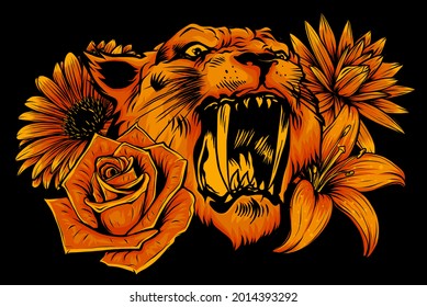 vector illustration of roaring tiger head and flowers