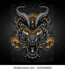 Vector illustration of a roaring tiger head with detailed Balinese ornaments. Can be used to t-shirt design, posters, etc