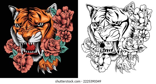 vector illustration of roaring tiger head and roses tattoo