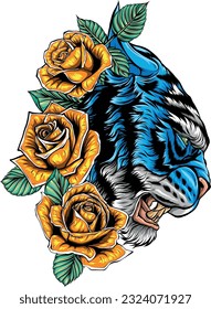 vector illustration of roaring tiger head and roses