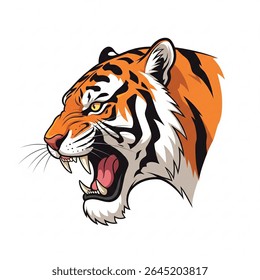 Vector illustration of a roaring tiger head in profile view. Featuring sharp fangs, intense gaze, and detailed fur texture. Ideal for mascot designs, sports logos, tattoo artwork projects
