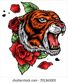 vector illustration of roaring tiger head and roses tattoo