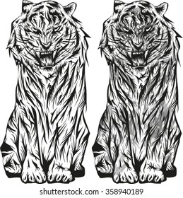 Vector illustration of a roaring tiger made with ink tattoo style. Also with a watercolor variant in grayscale.