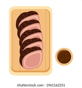 Ilustración vectorial de la carne asada cortada en tablero de madera y preparada para comer, filete y tema de restaurante. Adecuado para la publicidad de productos alimenticios