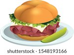 Vector illustration of a Roast Beef sandwich with a Kaiser bun on a plate with a pickle spear.