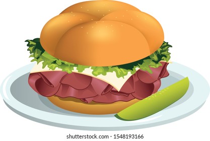 Vector illustration of a Roast Beef sandwich with a Kaiser bun on a plate with a pickle spear.