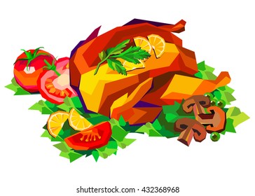 Vector illustration of roast chicken, dinner, baked, roasted, food