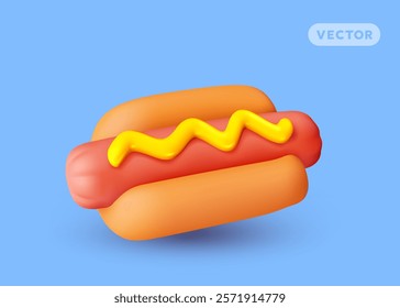 Vector illustration of roast sausage in bun with shadow. 3d style cartoon design of realistic hot dog with mustard sauce on blue color background. Street meat fast food for web, site, banner, menu