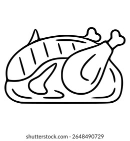 Ilustração vetorial de uma galinha assada com marcas de grelha, apresentada em um estilo de arte simples e em negrito, ideal para design de menus ou projetos com temática culinária.