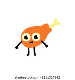 Vector illustration of roasted chicken leg cartoon character in flat style - cute mascot of delicious cooked bird meat with bone isolated on white background. Funny emoticon of fresh fried drumstick.