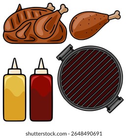 Vector illustration of roasted chicken, chicken leg, barbecue grill, mustard and ketchup bottles, perfect for food and drink design projects.