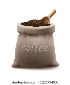 Vector illustration of roasted coffee beans in burlap sack or bag with wooden scoop isolated on white background