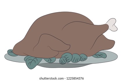 Vector illustration of roasted turkey or grilled chicken with spices and vegetables, tomatoes, lettuce, olives, isolated on background. Traditional food for Christmas or Thanksgiving day