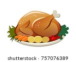 Vector illustration of a roasted turkey on a platter with potatoes, carrots and greens. Thanksgiving, Christmas, dinner food themed design element, flat contemporary style isolated on white.