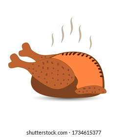 Vector illustration of a roasted turkey on white. Grilled poultry isolated. Festive symbol of Christmas, Thanksgiving. Cartoon clipart.