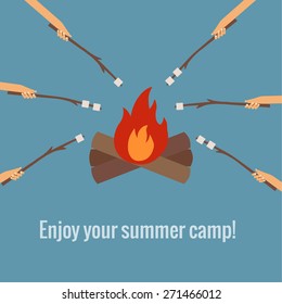 Vector Illustration Of Roasting Marshmallows On Fire Camping Made In Flat Style