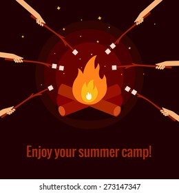 Vector Illustration Of Roasting Marshmallows On Fire Camping Made In Flat Style