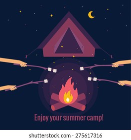 Vector illustration of roasting marshmallows on fire camping made in flat style