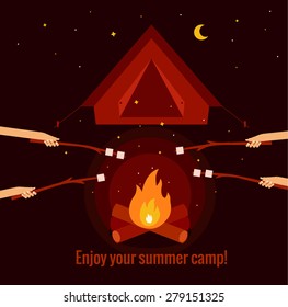 Vector Illustration Of Roasting Marshmallows On Fire Camping Made In Flat Style